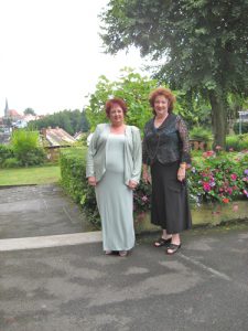 Janice & Joy off to Rheingold, in front of our hotel, the Hotel Fantaisie, just outside Bayreuth