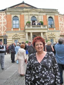 Janice in front of the Festspielhaus, during the Walküre intermission